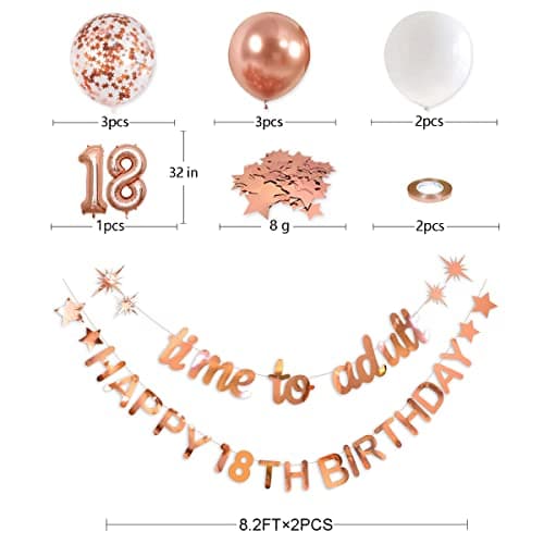 Rose Gold Time to Adult Happy 18th Birthday Banner Garland Foil Balloon 18 for 18th Birthday Decorations Hanging Eighteen Year Old Birthday Party Decor for Men Boys Girls 18 Birthday Party Supplies