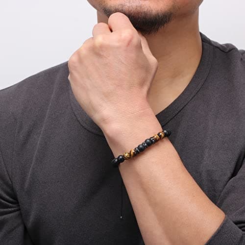JoycuFF Gifts for Men Natural Tiger Eye Black Matte Agate Bracelets, Christmas Birthday Gifts for Boyfriend Husband Brother from Girlfriend Wife, To My Man Bead Bracelets