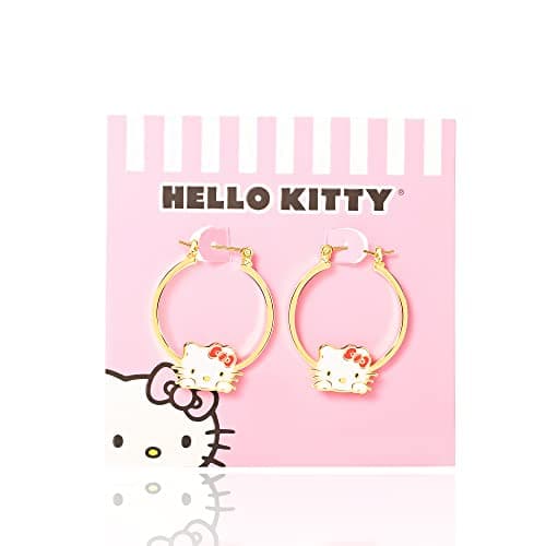 Hello Kitty Hoop Earrings for Women Official License, Gold Tone Flash-Plated and Enamel Sanrio Earrings
