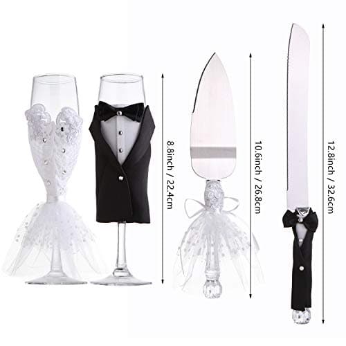 4 Piece Wedding Reception Supplies Wedding Toasting Flutes and Cake Server Set -2 Champagne Glasses, 1 Cutting Knife and 1 Pie Server, Bride and Groom Gifts Wedding Gifts (Gorgeous)