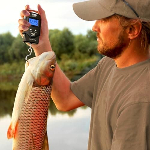 Fish Scale Luggage Scale Fishing Gear - 110lb Backlit LCD Display Digital Scale with Built-in Measuring Tape - Fishing Scale with 2 AAA Batteries, Pocket Size - Fishing Gifts for Men