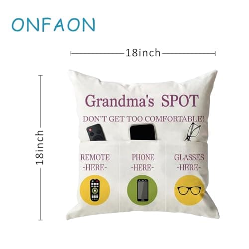 ONFAON Grandma Gifts, Grandma's Spot Throw Pillow Covers 18x18 Inch,Put Phone Glasses and Remote Control Pillowcase,Birthday Christmas hanksgiving Day Gifts for Grandma Mom,3-Pocket