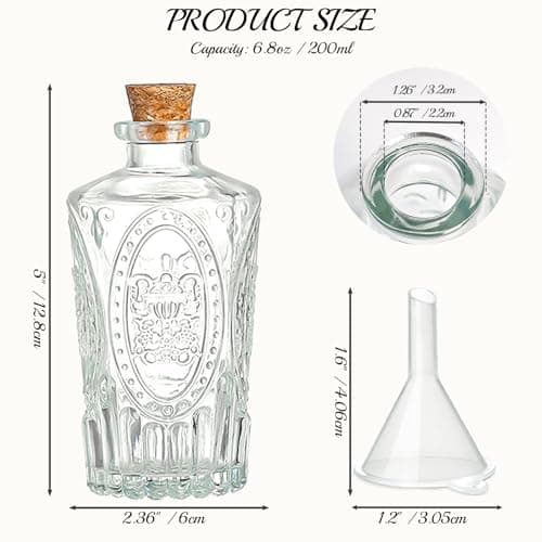 12 Pack 6oz Glass Bottles with Cork Stoppers, 200ml Clear Glass Liquor Bottles with 4 Vintage Patterns, Refillable Whiskey Bottles for Wine, Oil, Vinegar, Kombucha, Wedding Favors