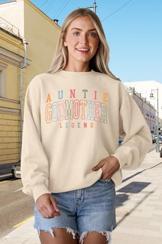 KIDDAD Women's Auntie Sweatshirt Cool Aunt Godmother Legend Crewneck Pullover Top Long Sleeve Graphic Aunts Shirt