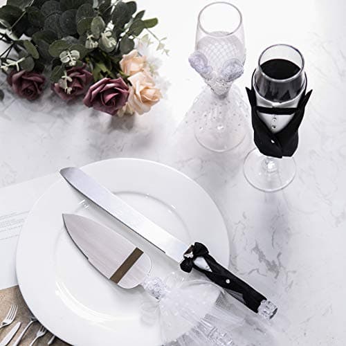 4 Piece Wedding Reception Supplies Wedding Toasting Flutes and Cake Server Set -2 Champagne Glasses, 1 Cutting Knife and 1 Pie Server, Bride and Groom Gifts Wedding Gifts (Gorgeous)