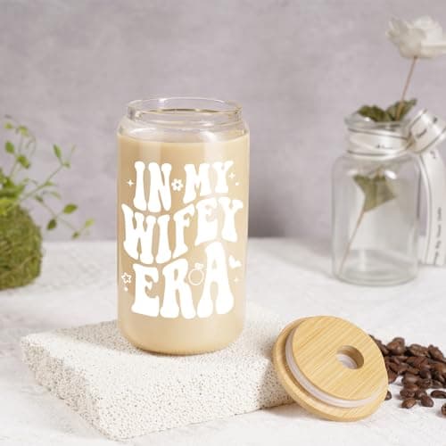 Fairy's Gift Wifey Era Cup, Wedding, Bride Gifts for Her, Bridal Shower, Engagement Gifts for Women, Couples, 16 oz Coffee Glass Cups w/Lids Straws, Bachelorette Presents for Bride to be, Future Mrs