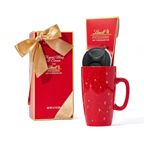 Travel Mug and Hot Cocoa Set, Includes Lindt Gourmet Hot Chocolate Mix and Ceramic Travel Tumbler with Lid in a Giftable Box, Great for Christmas