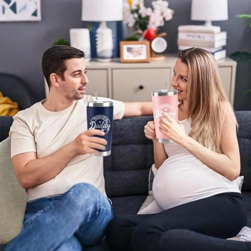 Pregnancy Gifts for New Parents, Mommy and Daddy 20Oz Tumbler Set, Cool Gifts Set Ideas for Couples,First Time Moms Dad to Be, New Parents on Mother's Day Father's Day Christmas Gift(Pink & Navy Blue)