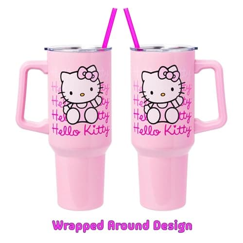 Silver Buffalo Sanrio Hello Kitty Waving Stainless Steel Tumbler with Handle and Straw, Fits in Standard Cup Holder, 40 Ounces
