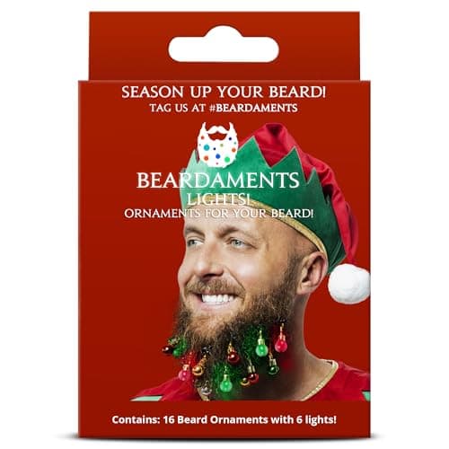 Beard Lights - Light-Up Beard Ornaments for Men - Colorful Christmas Beard Baubles with Easy Clip Attachment - Funny Christmas Ornaments - 16pc