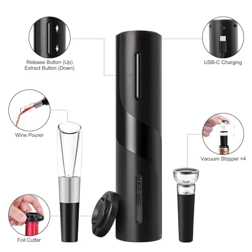 Electric Wine Opener Set by ELMWAY - Rechargeable Wine Bottle Opener & Corkscrew with Foil Cutter / 4 x Vacuum Stoppers/Premium Wine Aerator Pourer, Ideal Wine Gifts for Wine Lovers - Black