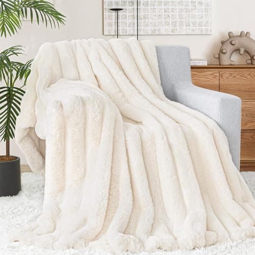 Touchat Luxury Faux Rabbit Fur Throw Blanket for Couch, Super Heavy Warm Cozy Fuzzy Blanket for Sofa Bedroom Living Room, Ultra Soft Fluffy Reversible Plush Blanket for Home Decor Gifts,Cream White