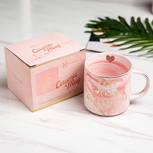 Hendson Best Girlfriend Ever - Anniversary, Romantic Gift - Funny Cute Couple Birthday Ideas for Her - Pink Marble Mug, Ceramic 11.5oz Coffee Cup