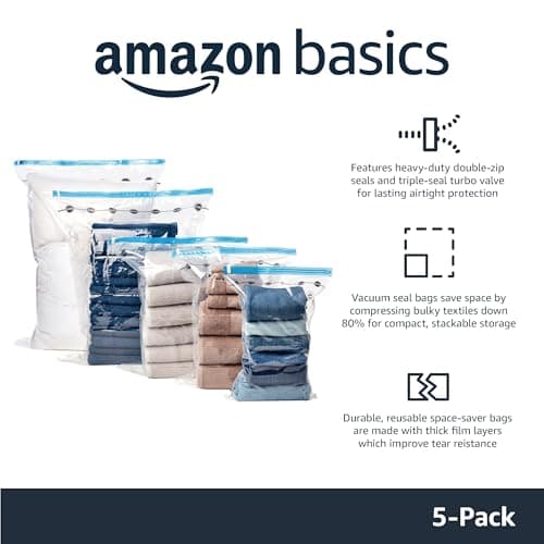Amazon Basics Vacuum Compression Zipper Storage Bags With Hand Pump, Medium, Clear, 5-Pack, White, Sky Blue