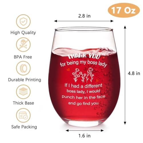 Futtumy Boss Lady Gifts, Bosses Day Gifts for Women, Thank You for Being My Boss Lady Wine Glass, Funny Boss Day Gift Office Christmas Birthday Retirement Gift for Women Manager, 17 Oz
