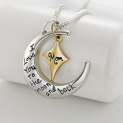 POWER WING Mom Necklace for Women Mom I Love You to The Moon and Back Moon Star Pendant Necklace Birthday Presents for Mom Mothers Gifts from Daughter Son