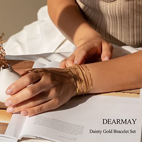 DEARMAY Gold Bracelets for Women Waterproof, 14K Real Gold Jewelry Sets Trendy Thin Dainty Stackable Cuban Link Paperclip Chain Bracelet Pack Fashion Accessories Gifts for Womens
