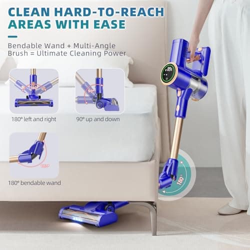 Cordless Vacuum Cleaner, 180° Bendable Wand Stick Vacuum Cleaners with LED Touch Screen, 8-in-1 Lightweight Rechargeable Vacuum with 1.5L Dust Cup for Home Hard Floor Low-Pile Carpet