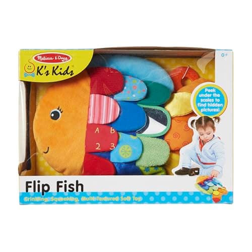 Melissa & Doug K’s Kids, Flip Fish Stuffed Animal, Soft Baby Book, Multi-Textured Squeaking & Crinkling Infant Sensory Toys for Babies with Baby Mirror, Tummy Time Toys for Infants Ages 0–9 Months