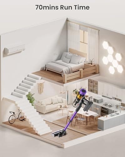 Cordless Vacuum Cleaner, 600W 50KPA 70 Mins Vacuum Cleaners for Home, Self-Standing Cordless Vacuum with Charging Dock Station, LED Display, Upgraded Anti-Tangle Stick Vacuum for Pet Hair/Carpet/Floor