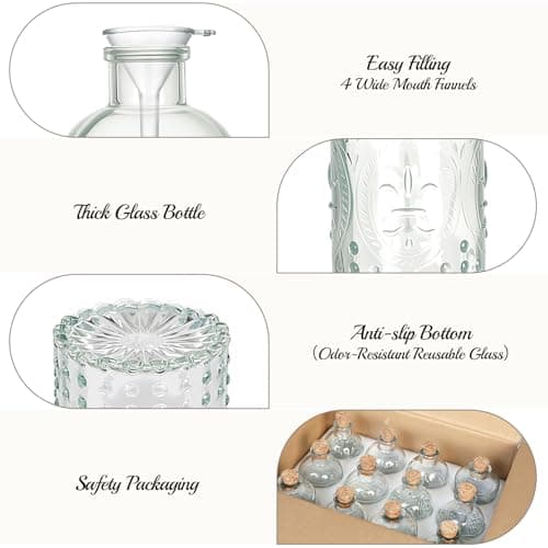 12 Pack 6oz Glass Bottles with Cork Stoppers, 200ml Clear Glass Liquor Bottles with 4 Vintage Patterns, Refillable Whiskey Bottles for Wine, Oil, Vinegar, Kombucha, Wedding Favors