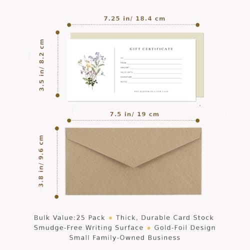Blank Gift Certificates with Envelopes, 3.5" x 7.25" Blank Gift Certificates for Business, Salon, Spa, Birthday, Mother’s Day or Holiday Gifting, 25 Custom Cards (Floral)