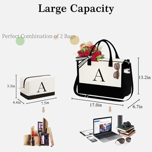 YOOLIFE Initial Canvas Tote Bag & Makeup Bag, Birthday Gifts for Women Mom Sister Friends, Bridesmaid Wedding Gifts