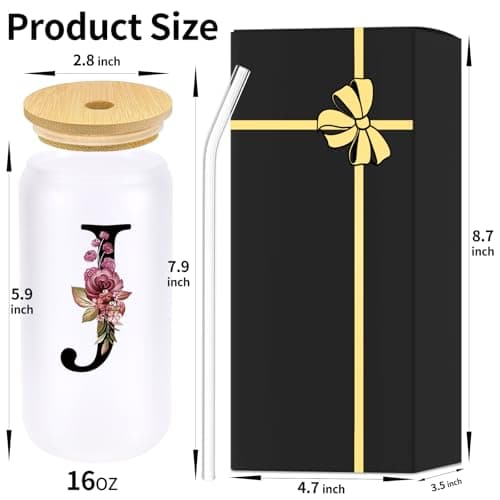 Monogrammed Glass Drinking Cup With Lid Straw Women Her Sister Mom Girlfriend Aunt Best Friend Friendship Grandma Bestie Wife Daughter Law Lady Happy Birthday Gifts Cool Funny Meaningful Unique Cute,J