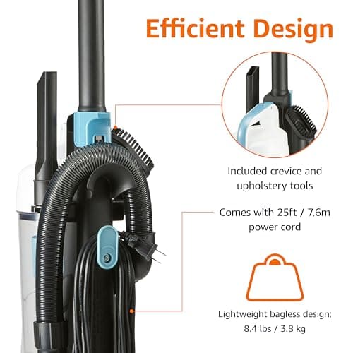 Amazon Basics Upright Bagless Vacuum Cleaner for Carpet and Hard Floors, With Crevice and Upholstery Tools, Detachable Handle, Lightweight (8.4 lbs), 1.7L Dust Cup, 720W, 25ft Cord, Black/White