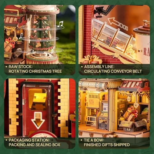 ROKR 3D Puzzle for Adults Christmas Style Dream Gift Factory Wooden Model Kit Luminous Factory DIY Dollhouse Kit Building with Music, Lights and 5 Elves for Teens & Kids