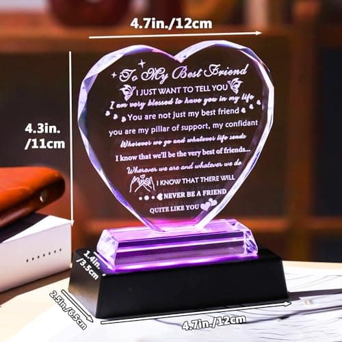 YWHL Best Friend Birthday Gifts with LED Base Bestie Gift for Women Crystal Heart Friendship BFF Gifts for Women Gift Ideas for Best Friend Female on Christmas