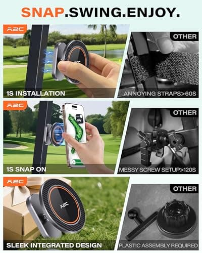 A2C Alloy Magnetic Golf Cart Phone Holder Compatible with MagSafe iPhone 16 Pro Max Plus 15 14 13 12 Mini Fits EZGO, Club Car, Yamaha, Icon, Golf Cart Accessories Essentials Gift for Friend Men Women