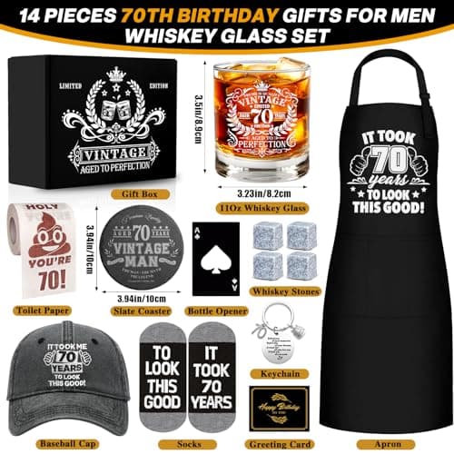 70th Birthday Gifts for Men Whiskey Glass Set, 70th Birthday Party Supplies with 11 Oz Whiskey Glass Coaster Stone Baseball Cap Apron Sock Funny Toilet Paper Keychain for Him, Dad, Husband, Friends
