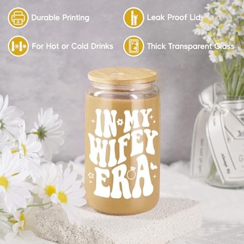 Fairy's Gift Wifey Era Cup, Wedding, Bride Gifts for Her, Bridal Shower, Engagement Gifts for Women, Couples, 16 oz Coffee Glass Cups w/Lids Straws, Bachelorette Presents for Bride to be, Future Mrs
