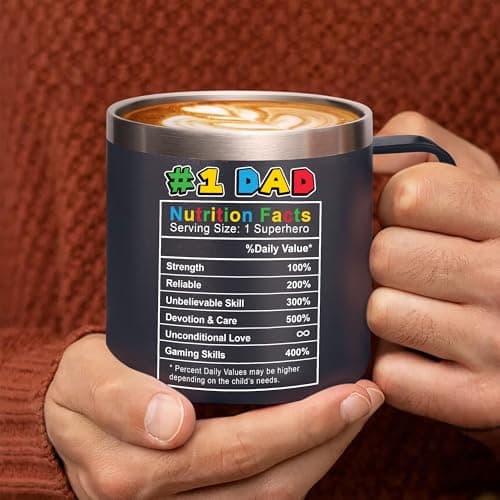Gossby 14oz Super Daddio Travel Coffee Mug Tumbler - No. 1 Dad Nutrition Facts - Christmas, Fathers Day, Birthday Gift for Dad from Daughter Son Kid - Insulated Stainless Steel Cup with Handle