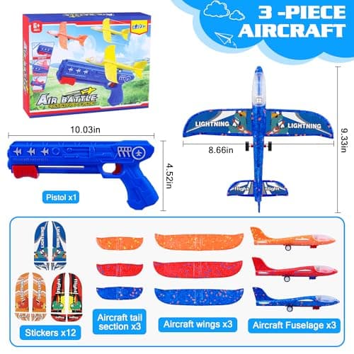 3 Pack Airplane Launcher Toys, 2 Flight Modes LED Foam Glider Catapult Plane, Outdoor Flying Toy for Kids, Birthday Gifts for Boy Girl 6+ Year Old, B-Day Party Supplies