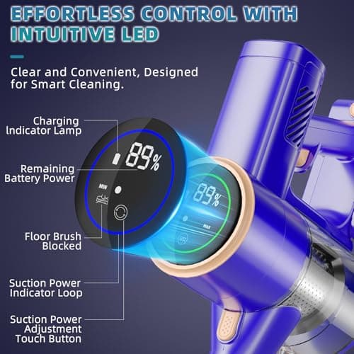 Cordless Vacuum Cleaner, 180° Bendable Wand Stick Vacuum Cleaners with LED Touch Screen, 8-in-1 Lightweight Rechargeable Vacuum with 1.5L Dust Cup for Home Hard Floor Low-Pile Carpet