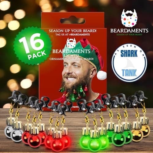 Beard Lights - Light-Up Beard Ornaments for Men - Colorful Christmas Beard Baubles with Easy Clip Attachment - Funny Christmas Ornaments - 16pc