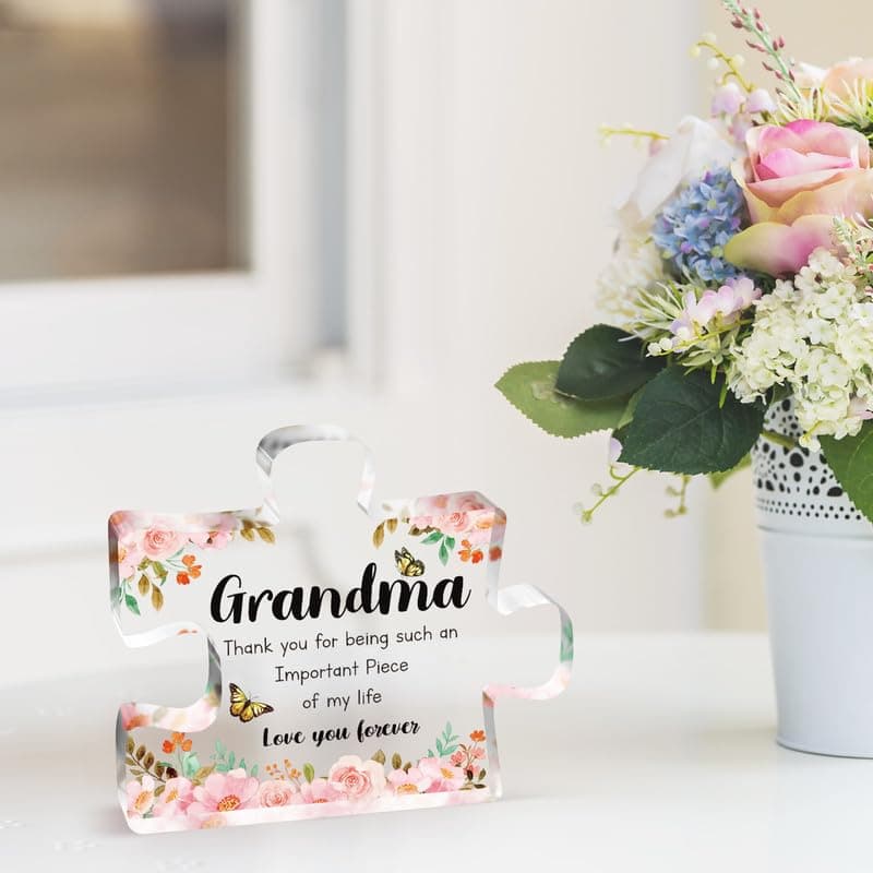 Grandma Gifts - Delicate Grandma Birthday Gifts from Grandkids - Engraved Acrylic Puzzle Piece 3.9 x 3.3 inch - Mothers Day Christmas Birthday Gifts for Grandma Grandmother, Ideas