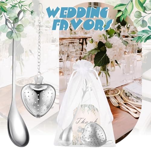 25 Sets Bridal Shower Tea Party Favor for Guest Leaf Tea Spoon Heart Shape Infuser Ball for Loose with Thank You Card Organza Bag Wedding Souvenir Gift(Silver)