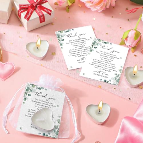 100 Sets Wedding Gifts for Guests Heart Shaped Candles Mini Candles Wedding Candle Gifts for Guests Thank You Cards and Organza Bags for Bridal Shower Party Favors