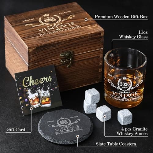 Retirement Gifts for Men Whiskey Glass Set - The Legend Has Retired 2025 - Retirement Party Decorations, Supplies - Gifts Ideas for Him, Dad, Husband, Friends - Wood Box & Whiskey Stones & Coaster