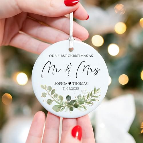 Personalized Our First Christmas as Mr and Mrs Double-Sided Ornament 2025, Custom Photo Ceramic Ornament, First Christmas Married Keepsake, Wedding Gift for Newlywed Couple