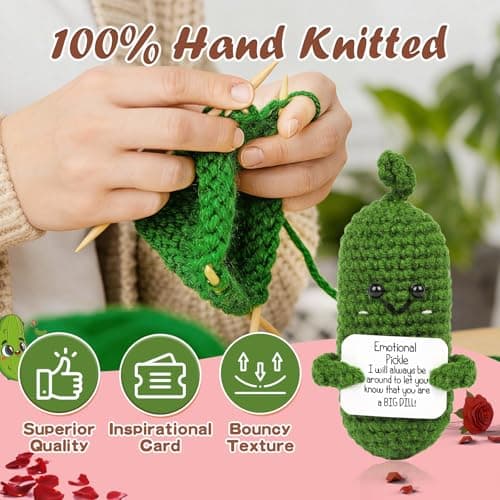 Hoedia Handmade Emotional Pickle Gift, Cucumber Crochet Doll Inspirational Gifts with Cards, Cute Knitted Funny Support Potato Friend Birthday Mothers Day Easter Basket Stuffers (Emotional Pickle)