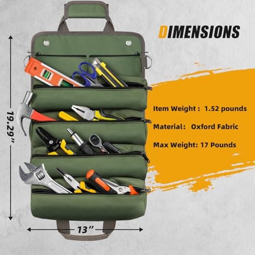 Tool Bag Roll Up, UUP Heavy Duty Portable Soft Tool Storage Organization, Foldable Empty Rollup Organizer with 2 Small Pouches, Rollable Carrying Toolbag, Dad Men Mechanic Welding Birthday Gift, Green