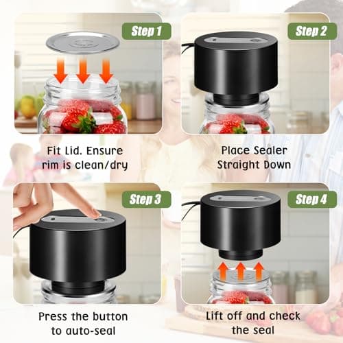 Electric Mason Jar Vacuum Sealer: Upgraded 3-in-1 Portable Vacuum Sealer Kit - for Mason Jars Vacuum Seal Bags & Containers - Ideal for Jams Pickles Dry Foods Grains Black