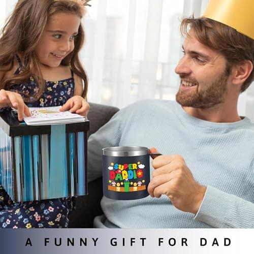 Gossby 14oz Super Daddio Travel Coffee Mug Tumbler - No. 1 Dad Nutrition Facts - Christmas, Fathers Day, Birthday Gift for Dad from Daughter Son Kid - Insulated Stainless Steel Cup with Handle