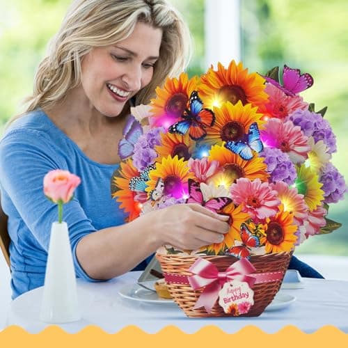 Birthday Cards with MUSIC & LIGHTS, Pop Up Happy Birthday Card, Sunflower & Butterfly, 10 Inch Life Sized Forever Flower Bouquet Gifts for Women Mom Grandma