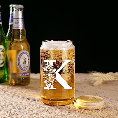 Coolife Initial Glass Cup, Monogrammed Gifts for Women, 16 oz Glass Cups w/Lids Straws, Iced Coffee Smoothie Beer Tumbler w/Straw Lid - Personalized Christmas, Birthday Gifts for Her Mom Friend Woman