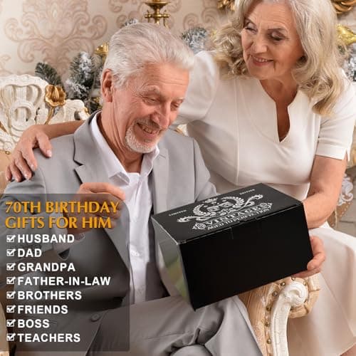 70th Birthday Gifts for Men Whiskey Glass Set, 70th Birthday Party Supplies with 11 Oz Whiskey Glass Coaster Stone Baseball Cap Apron Sock Funny Toilet Paper Keychain for Him, Dad, Husband, Friends